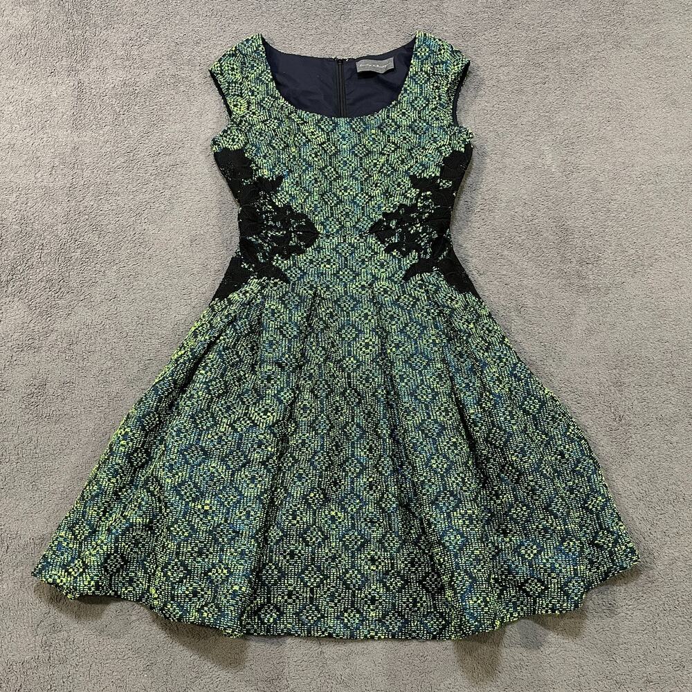 Sunday in Brooklyn Geometric Green Black Fit Flare Cocktail Dress Women's Size S